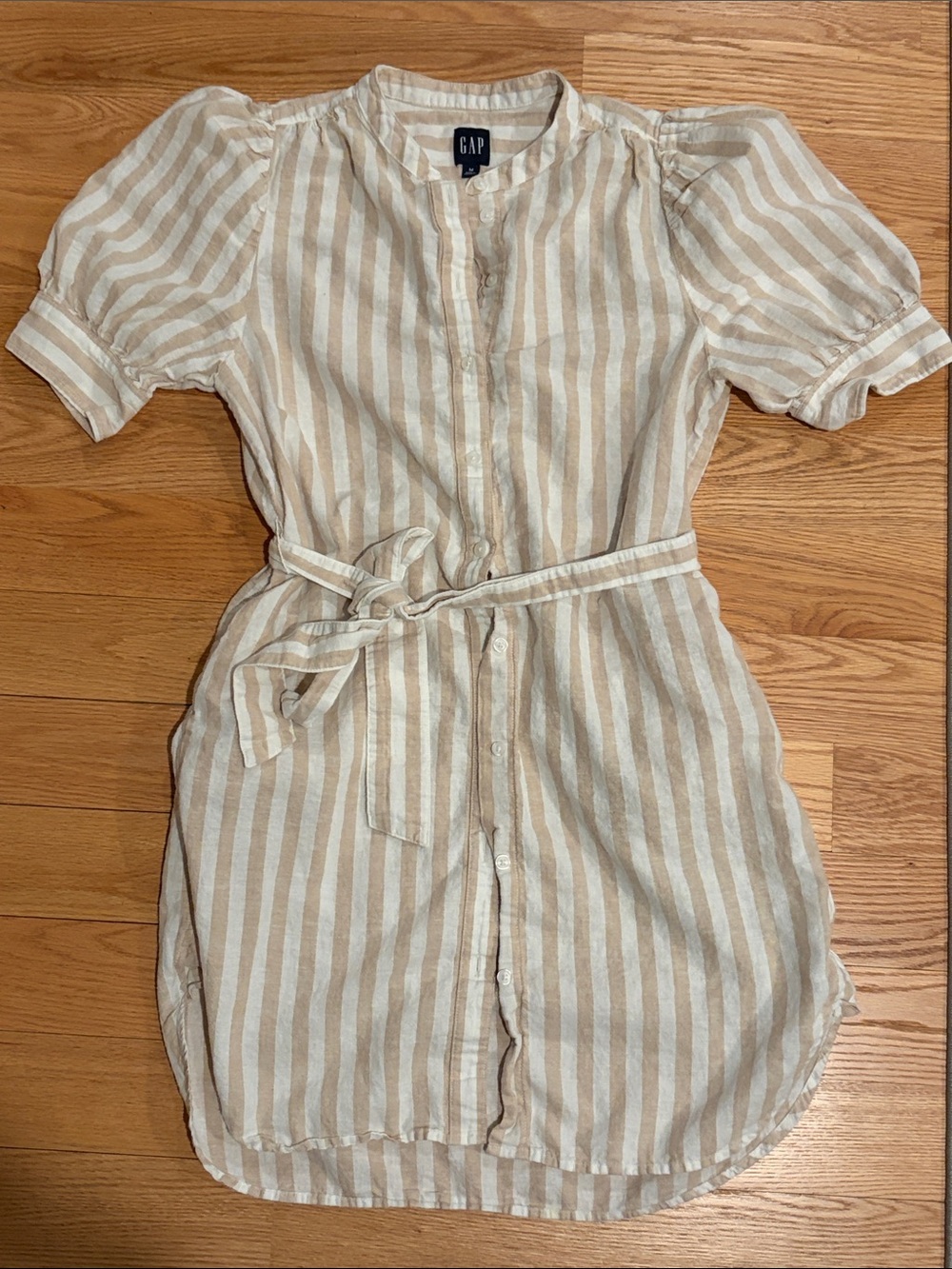 GAP Women's Cream & Tan Striped Shirt Dress with Tie Waist M Linen